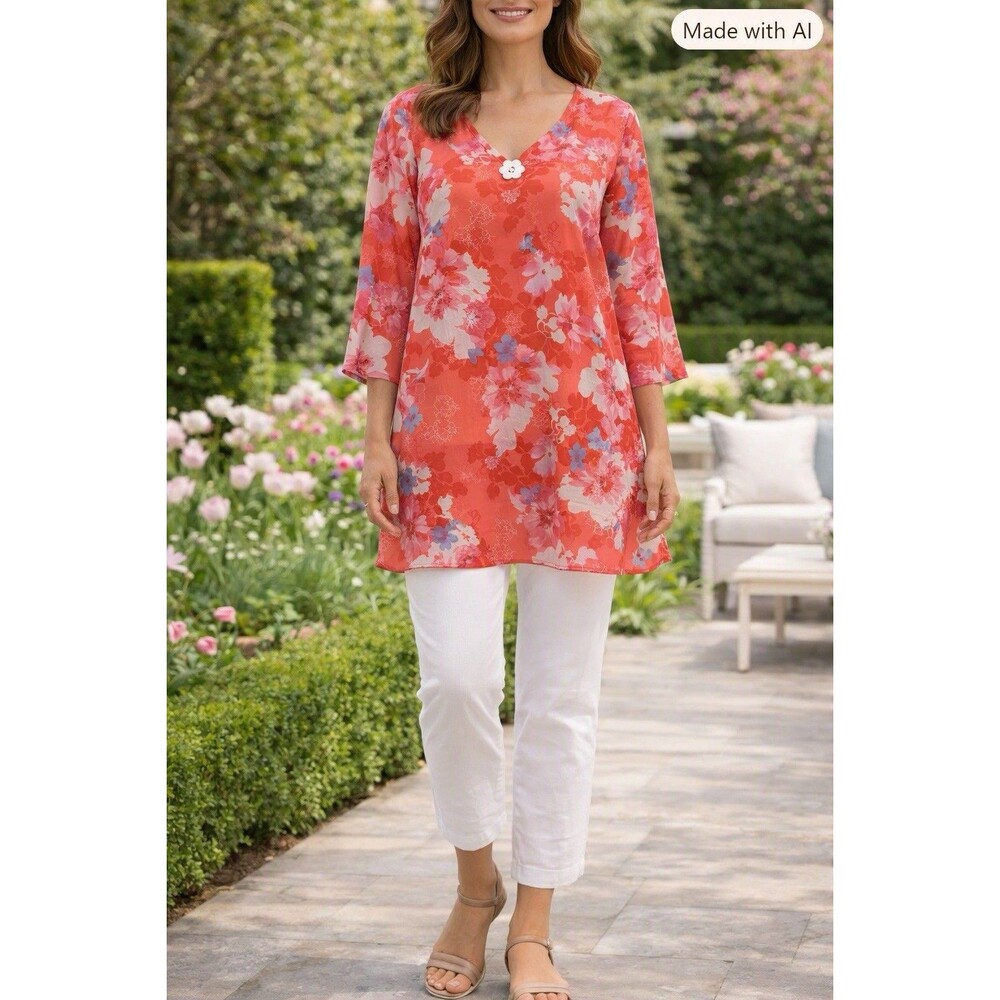 Indigo Soul Womens XL Red Floral Tunic Blouse V-Neck 3/4 Sleeve Sheer Woven